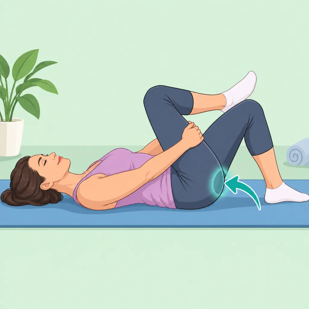 Person doing a gentle lying figure-four piriformis stretch on a mat.