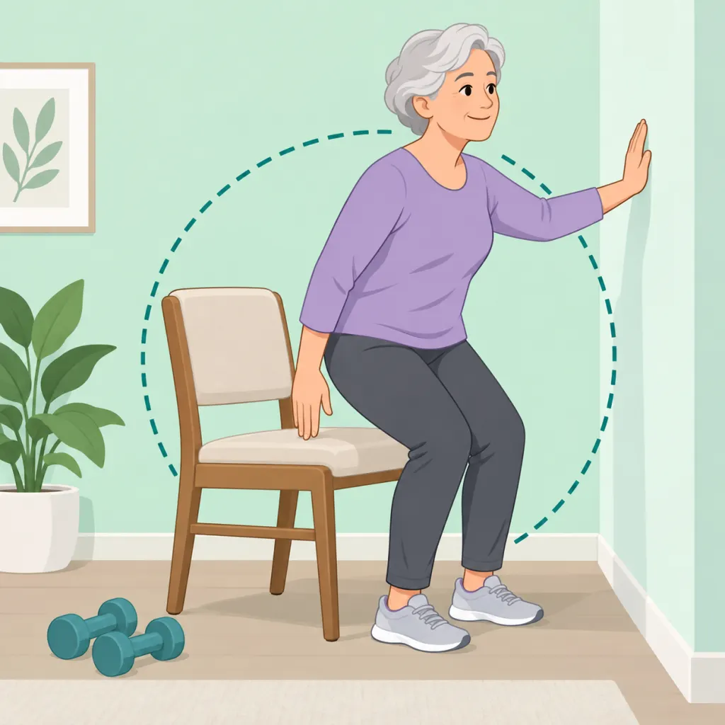 Older adult doing a supported strength exercise beside a sturdy chair.
