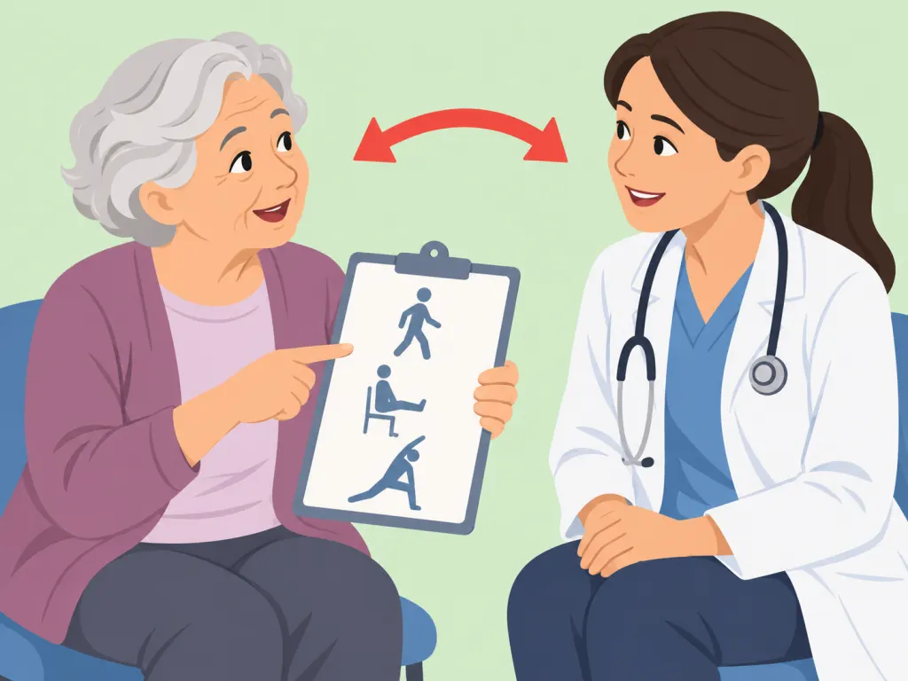 Older adult asking a health professional about starting strength exercises.
