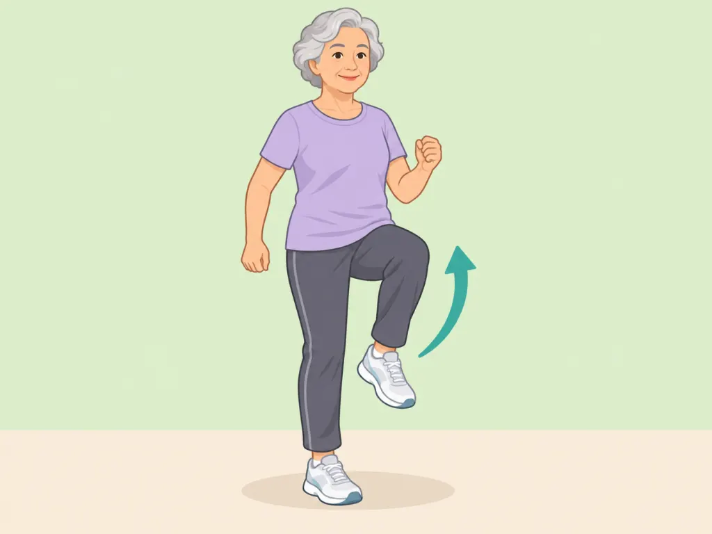 Older adult warming up by marching gently in place.