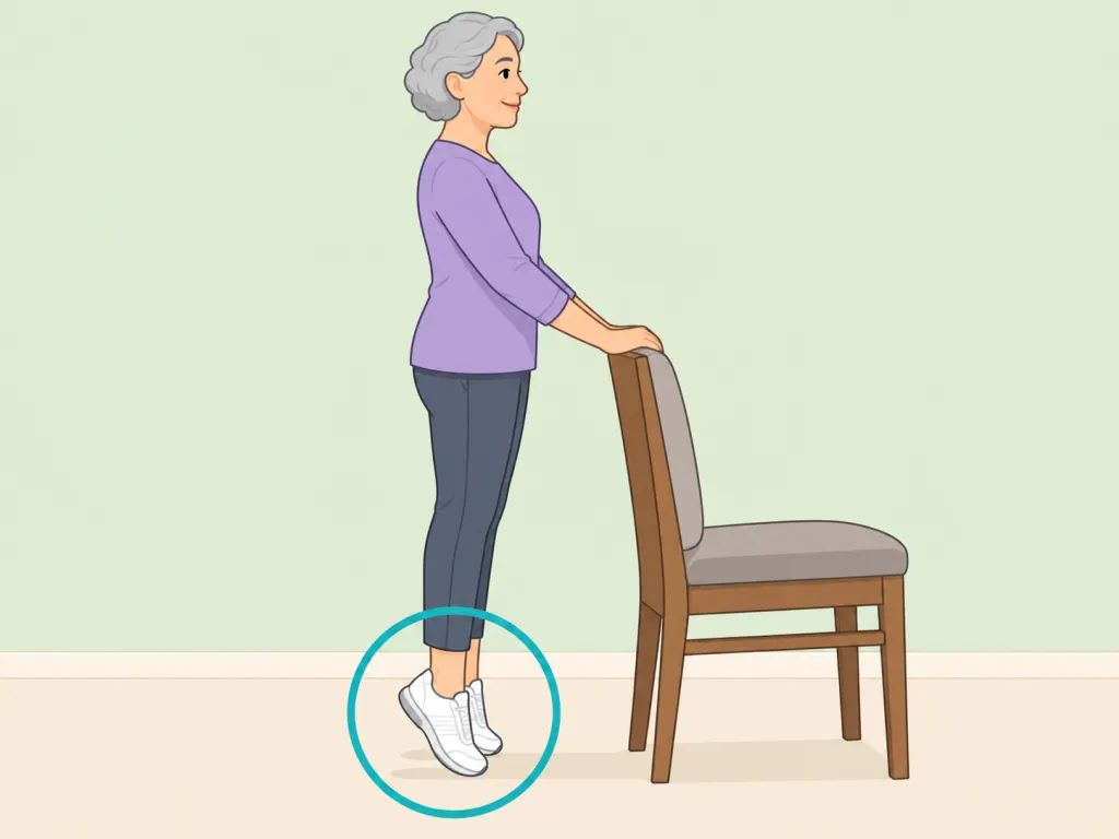 Older adult doing supported calf raises behind a chair.