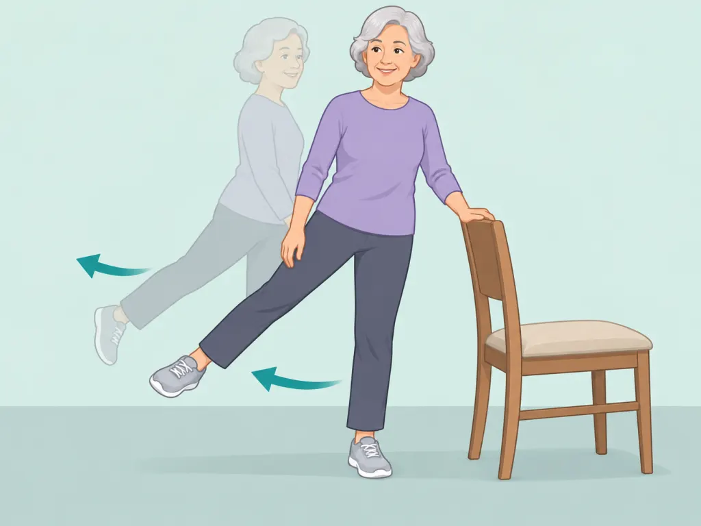 Older adult doing supported side and back leg lifts.