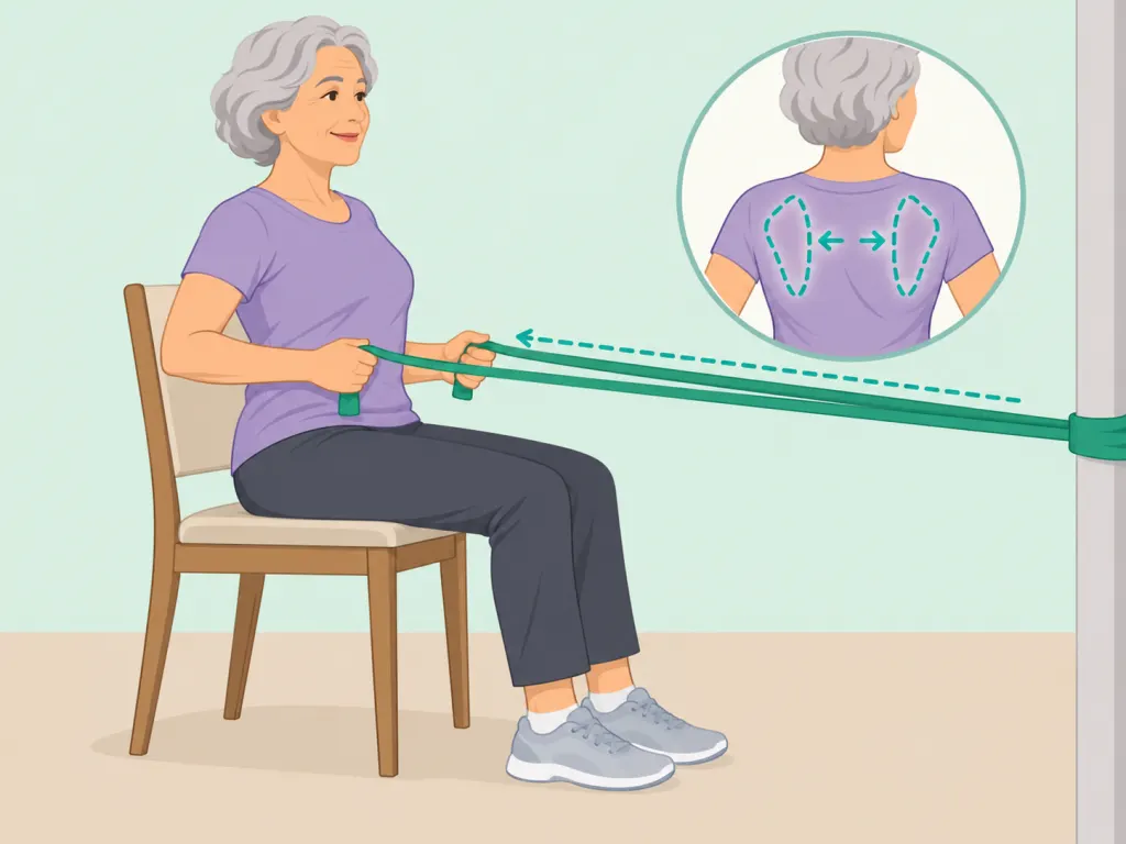 Older adult doing a seated resistance-band row.