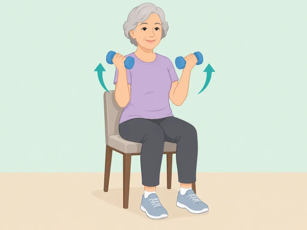 Older adult doing controlled biceps curls while seated.