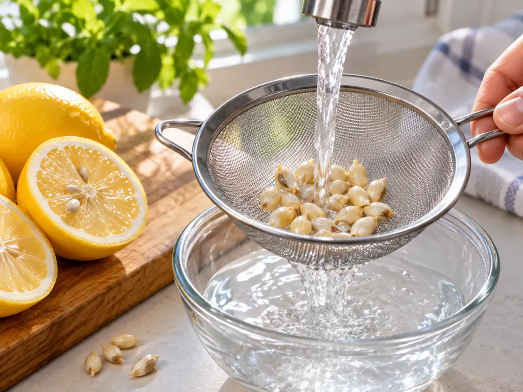 Fresh lemon seeds rinsed in a fine mesh strainer beside cut lemons