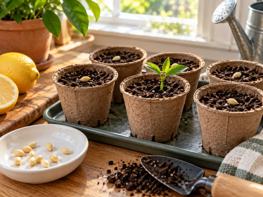 Small cups of potting mix with lemon seeds and one tiny citrus sprout