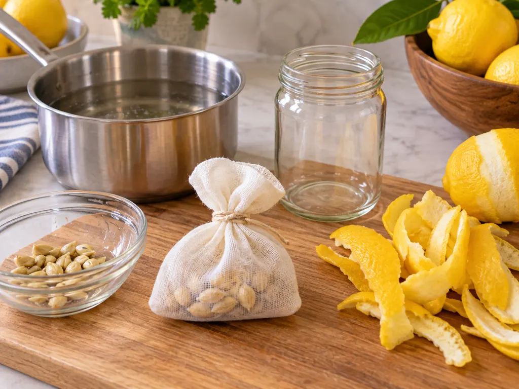 Lemon seeds in cheesecloth beside lemon peel, a saucepan, and a clean jar
