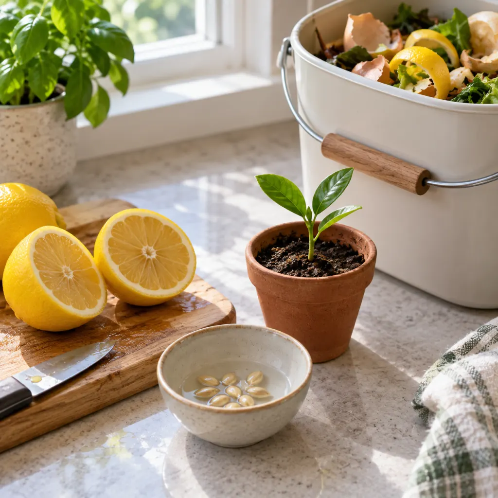 Halved lemons beside rinsed lemon seeds, a small pot, and a compost container on a kitchen counter