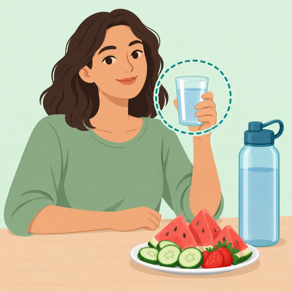 Illustration of a person drinking water as part of a steady hydration routine.