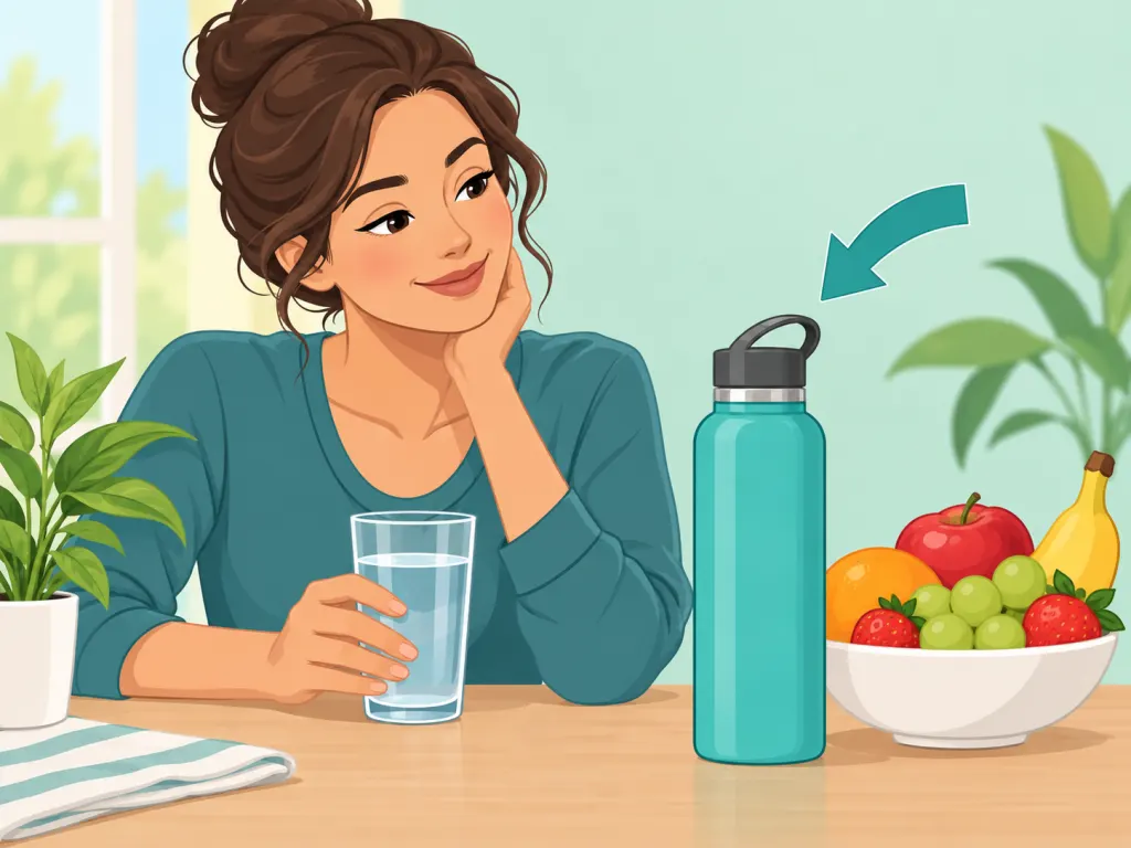Person setting a realistic daily fluid routine with water and water-rich food.