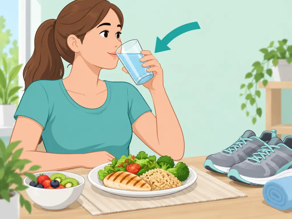 Water placed with a meal and activity gear as a reminder to drink.