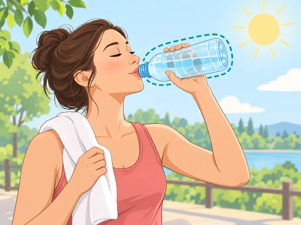 Person drinking extra water after sweating in warm conditions.