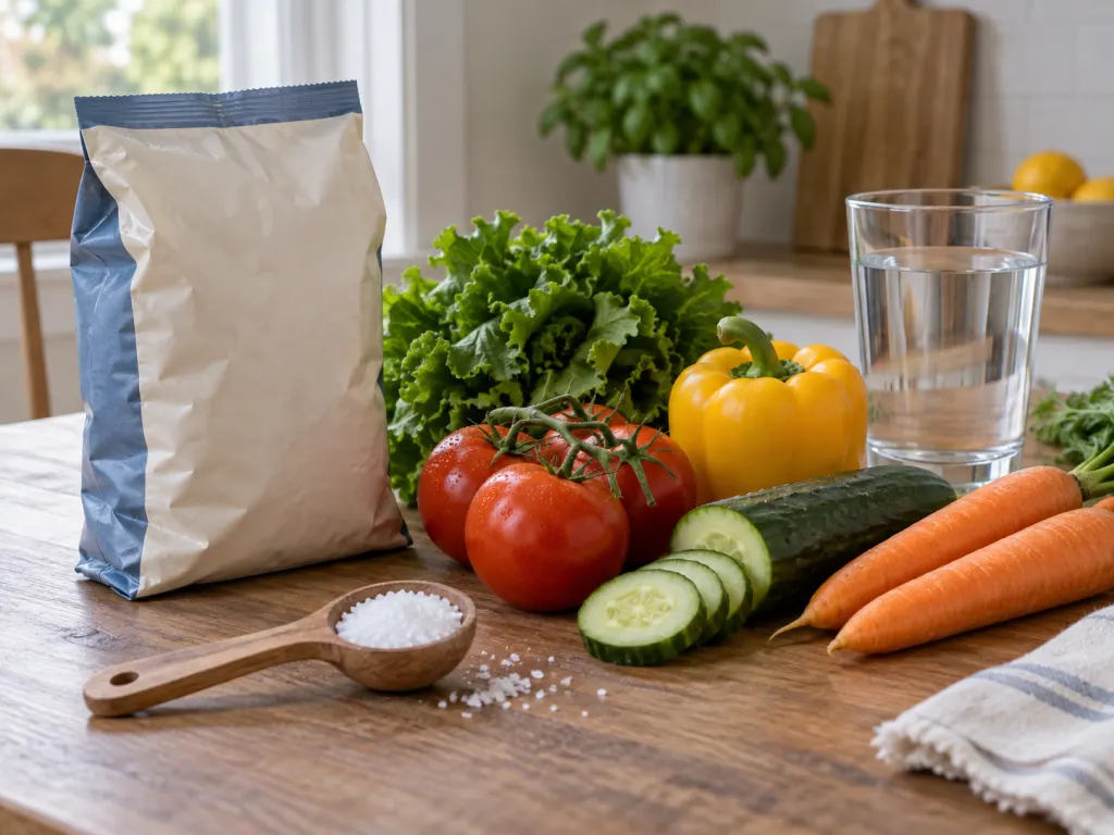 Kitchen table with salt, water, fresh food, and packaged food suggesting daily sodium choices.