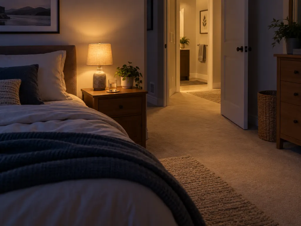 A bedside table with water in a dim bedroom, suggesting nighttime fluid timing.