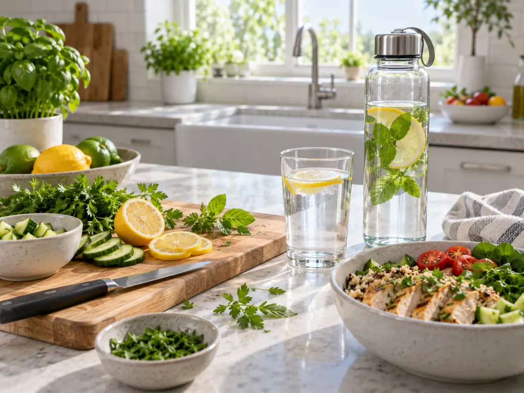 A bright kitchen scene with plain water, herbs, and simple food prep for balanced hydration habits.