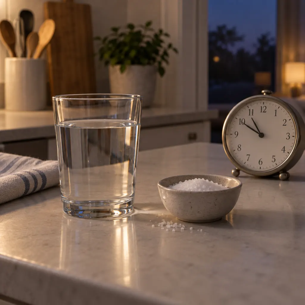 A glass of water and a small dish of salt on a quiet evening kitchen counter.