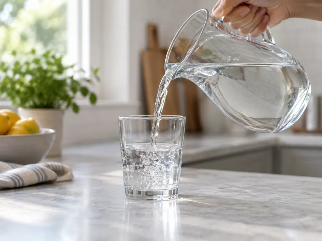 Water being poured into a clear glass on a kitchen counter.