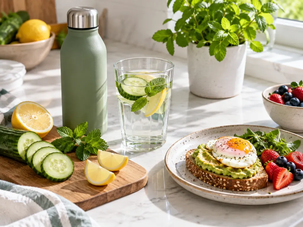 A reusable bottle, water glass, herbs, citrus, and breakfast on a kitchen surface.