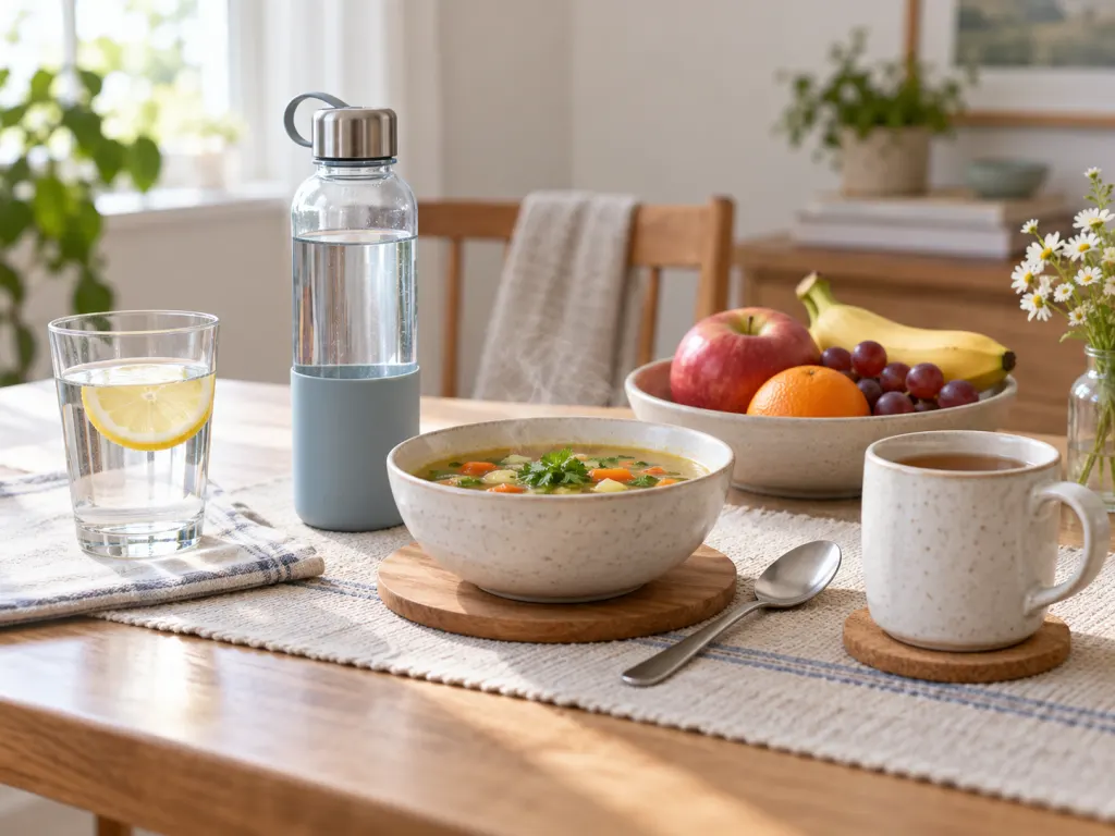An illustrated table showing water, food, and drinks that contribute to daily fluid intake.