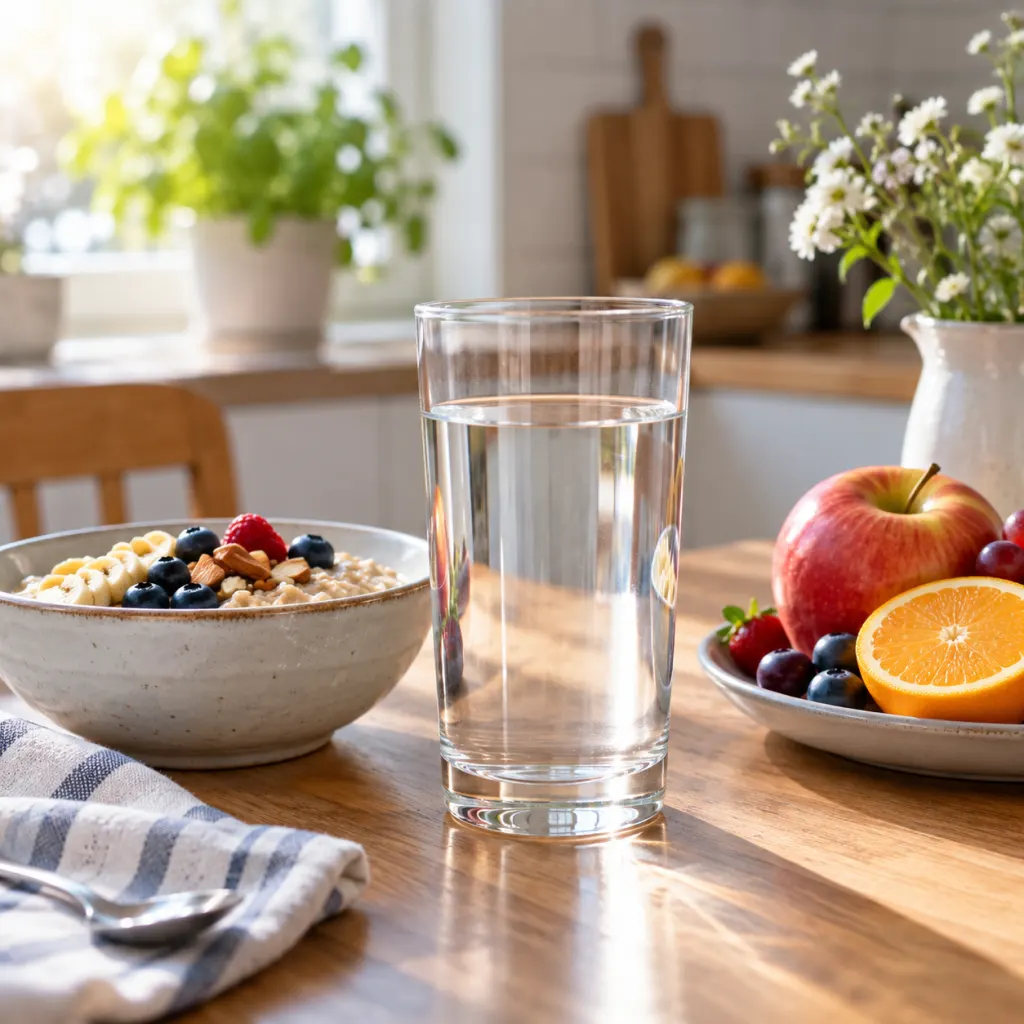 A glass of water on a breakfast table in soft morning light.