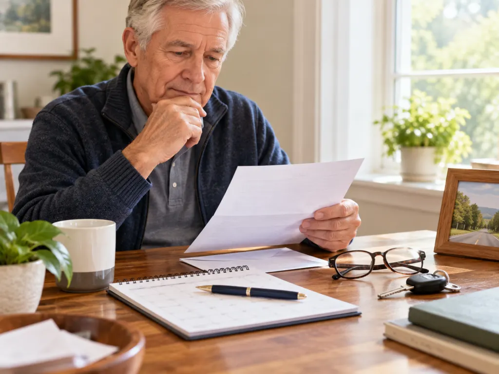 Older driver reviewing renewal paperwork at a desk