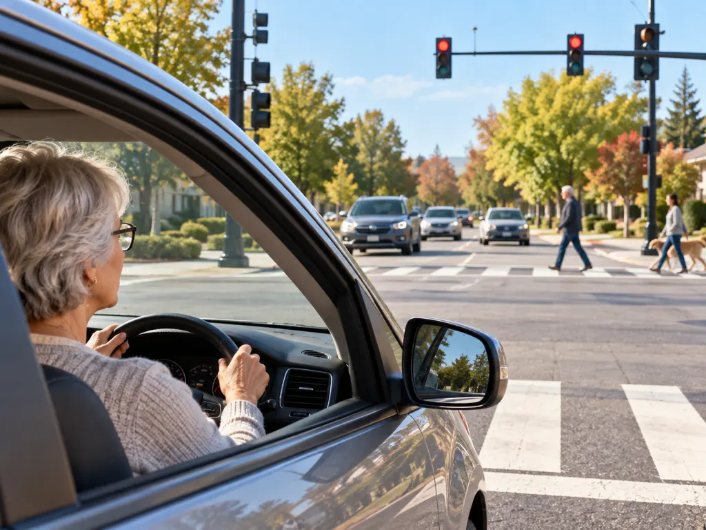 Senior driver waiting safely at a daytime intersection