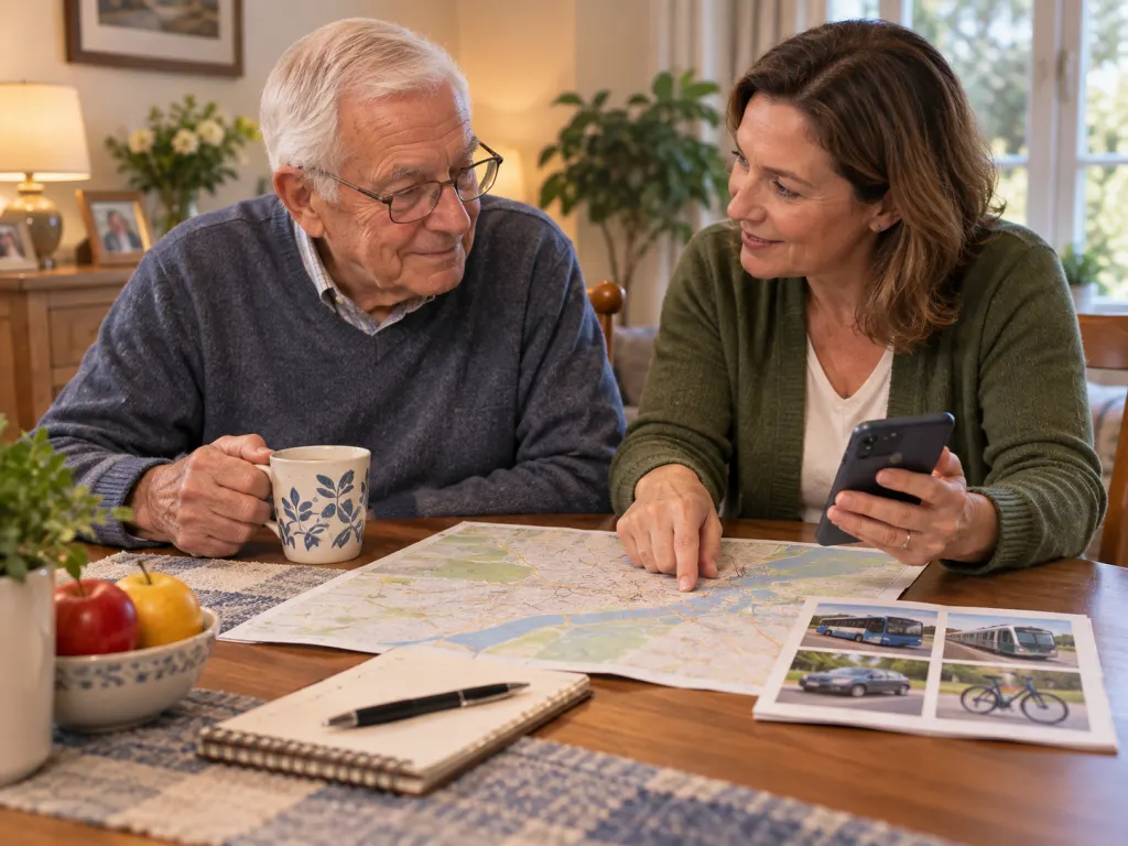 Older adult and family member planning safe transportation options