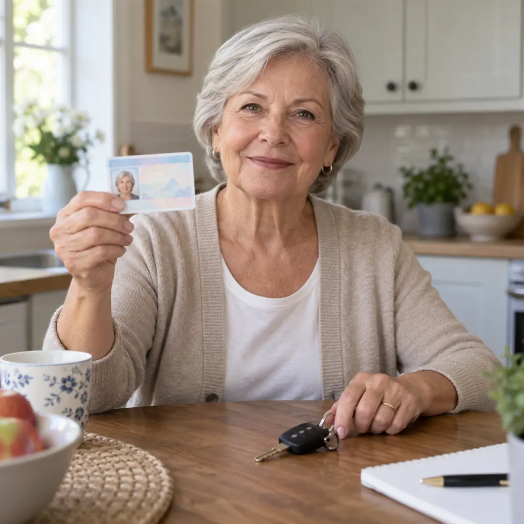 Older adult driver with a license and car keys on a table