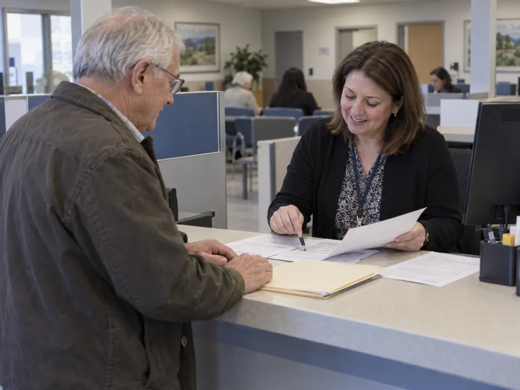 Older driver receiving help with licence renewal documents at a service counter.