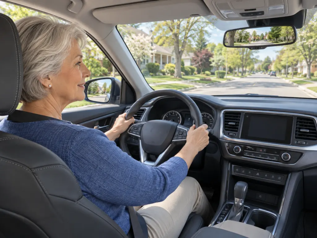 Illustration of an older driver safely positioned in a parked car.