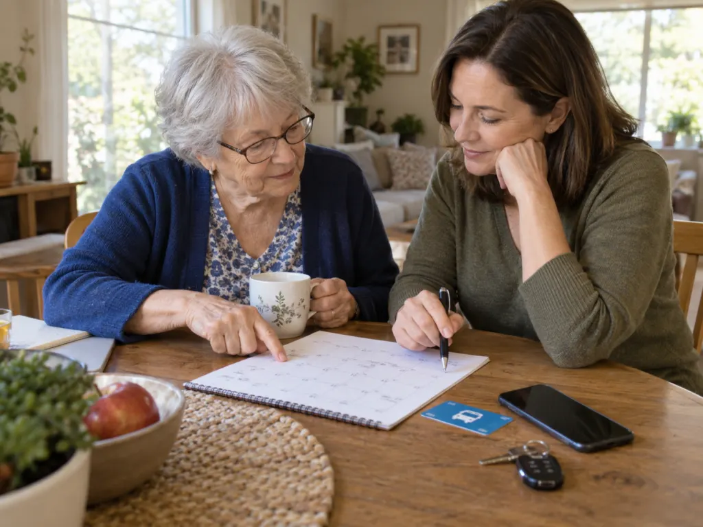 Older adult and family member planning safe transportation options together.