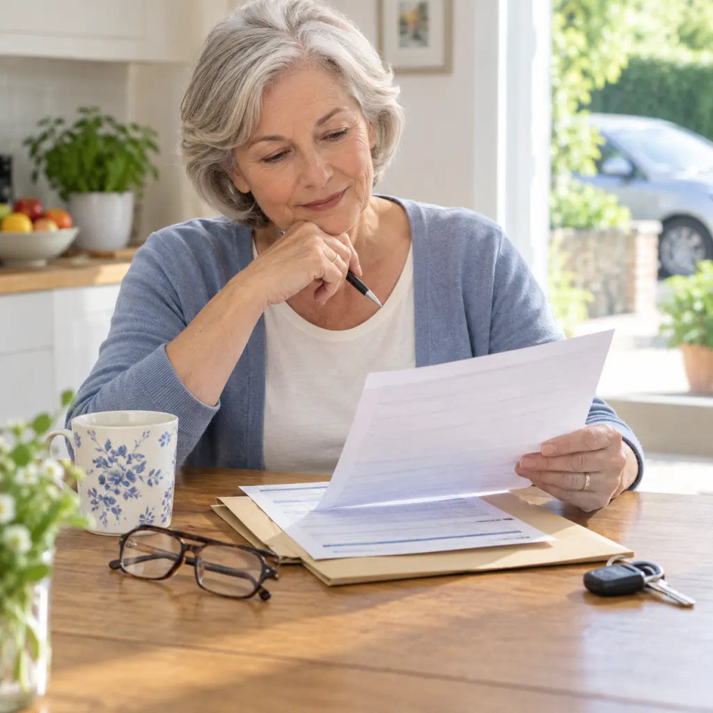 Older adult reviewing driving licence renewal paperwork beside car keys.