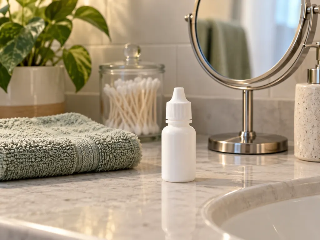 A closed ear drop bottle beside a clean washcloth and mirror on a bathroom counter.