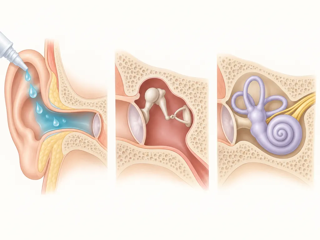 Illustration showing the outer, middle, and inner ear with the outer canal highlighted.