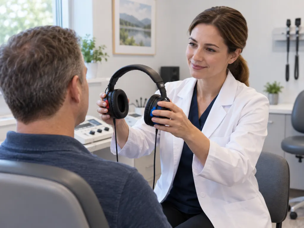 An audiologist prepares headphones for a calm adult hearing test in a clinic room.