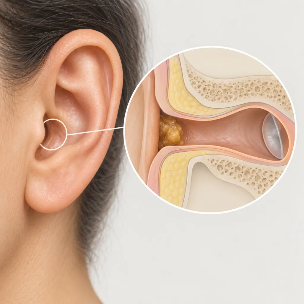Educational illustration of an ear canal with a small earwax blockage near the opening.