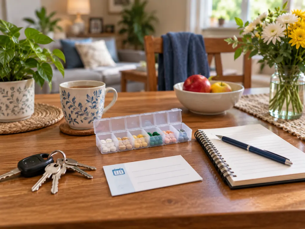 A notebook, keys, appointment card, and organizer sit on a tidy table for tracking memory concerns.