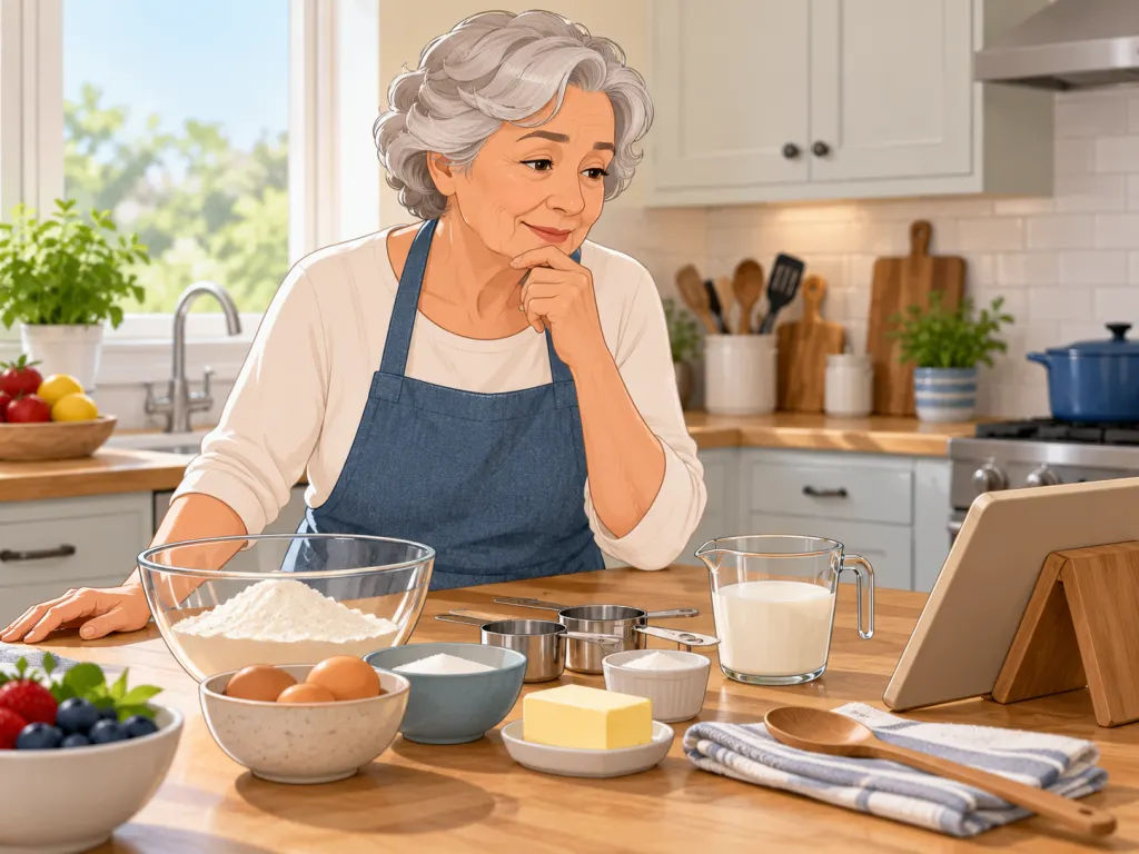 An older adult pauses at a kitchen counter while working through a familiar cooking task.