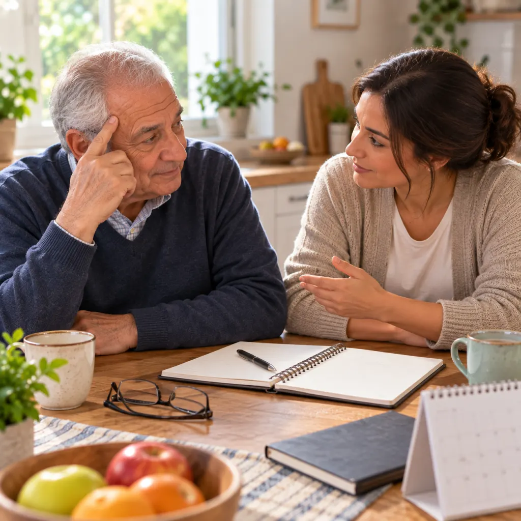 An older adult and adult child sit together at a kitchen table with a notebook and calendar.