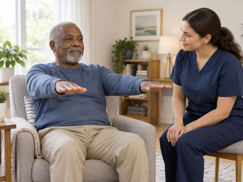 A caregiver calmly checks facial movement and arm strength in a seated adult.