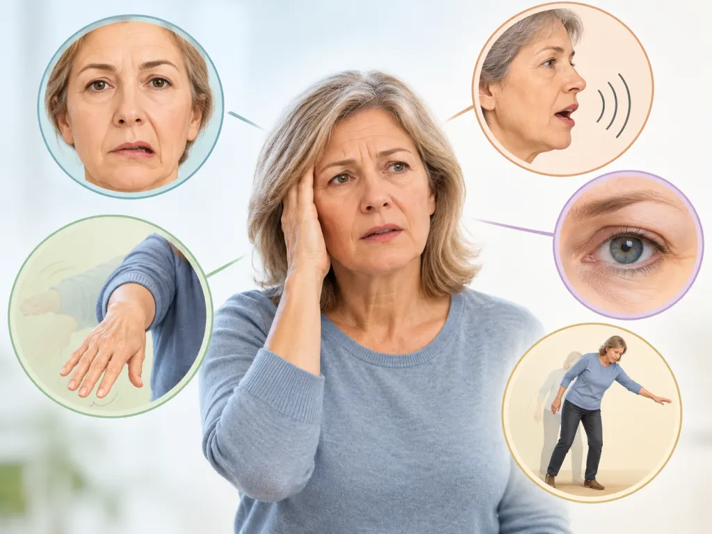 An educational illustration showing face, arm, speech, vision, and balance warning areas.