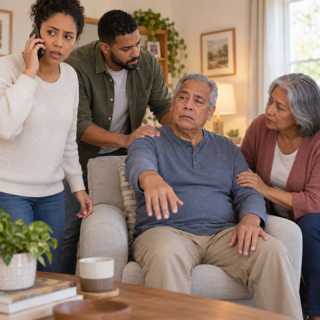A calm illustration of a family responding to possible stroke warning signs at home.