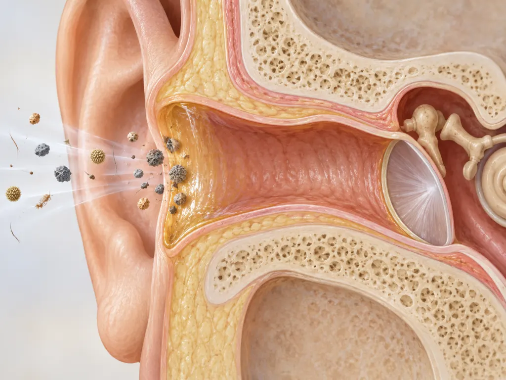 Illustration of the ear canal showing a thin protective layer of earwax near the canal opening