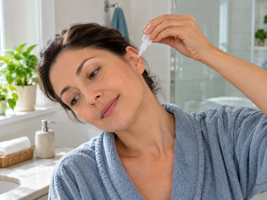 A calm adult applying ear-softening drops at home as part of gentle earwax care
