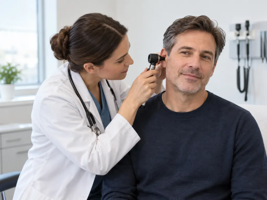 A healthcare professional using an otoscope to examine a patient's ear in a clinic