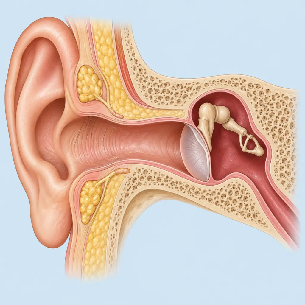 Illustrated cross-section diagram of the human ear showing the ear canal, eardrum, and surrounding structures