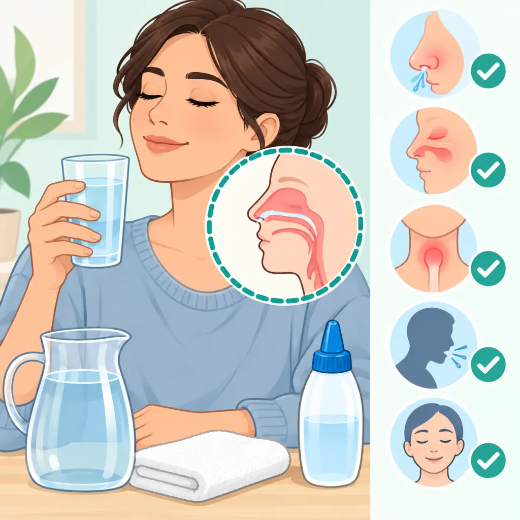 Illustration of a person easing throat mucus with water and safe nasal care items.