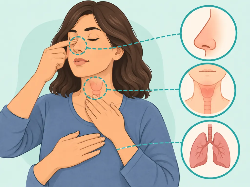 Person checking whether mucus seems to come from the nose, throat, or chest.