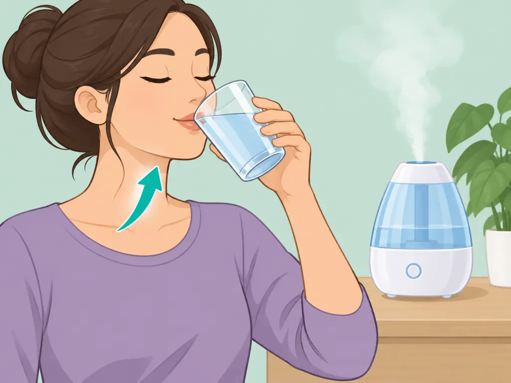 Person drinking water near a humidifier to keep throat mucus thin.