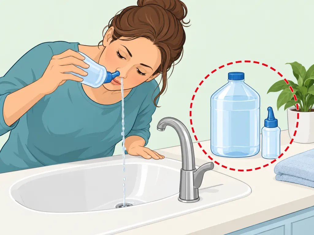 Person safely rinsing the nose with saline over a sink.